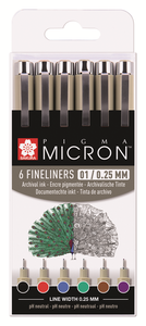 Sakura Набор капилярных ручек Pigma Micron 6шт 0.25мм черный, фиолетовый, коричневый, зеленый, синий