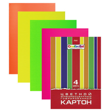 Цветной картон, А4, гофрированный флуоресцентный, 4 цвета, 230 г/м2, HATBER, 4Кц4фг 05804, N221068