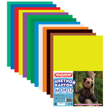 Цветной картон, А4, 24 листа, 12 цветов, 200 г/м2, ПИФАГОР, 200х283 мм, 128012