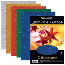 Цветной картон, А4, суперблестки, 5 цветов, 280 г/м2, BRAUBERG, 210х297 мм, 124748