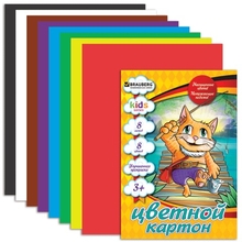 Цветной картон, А4, 8 цветов, 215 г/м2, BRAUBERG "Кот-рыболов", 200х290 мм, 124765