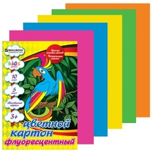 Цветной картон, А4, флуоресцентный, 10 листов, 5 цветов, 220 г/м2, BRAUBERG, 200х290 мм, 124773
