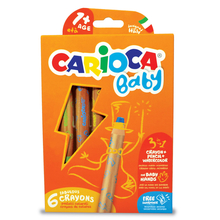 Набор экстра-крупных восковых карандашей CARIOCA BABY, в дерев корпусе, 6 цв, +точилка, уп. с европ.